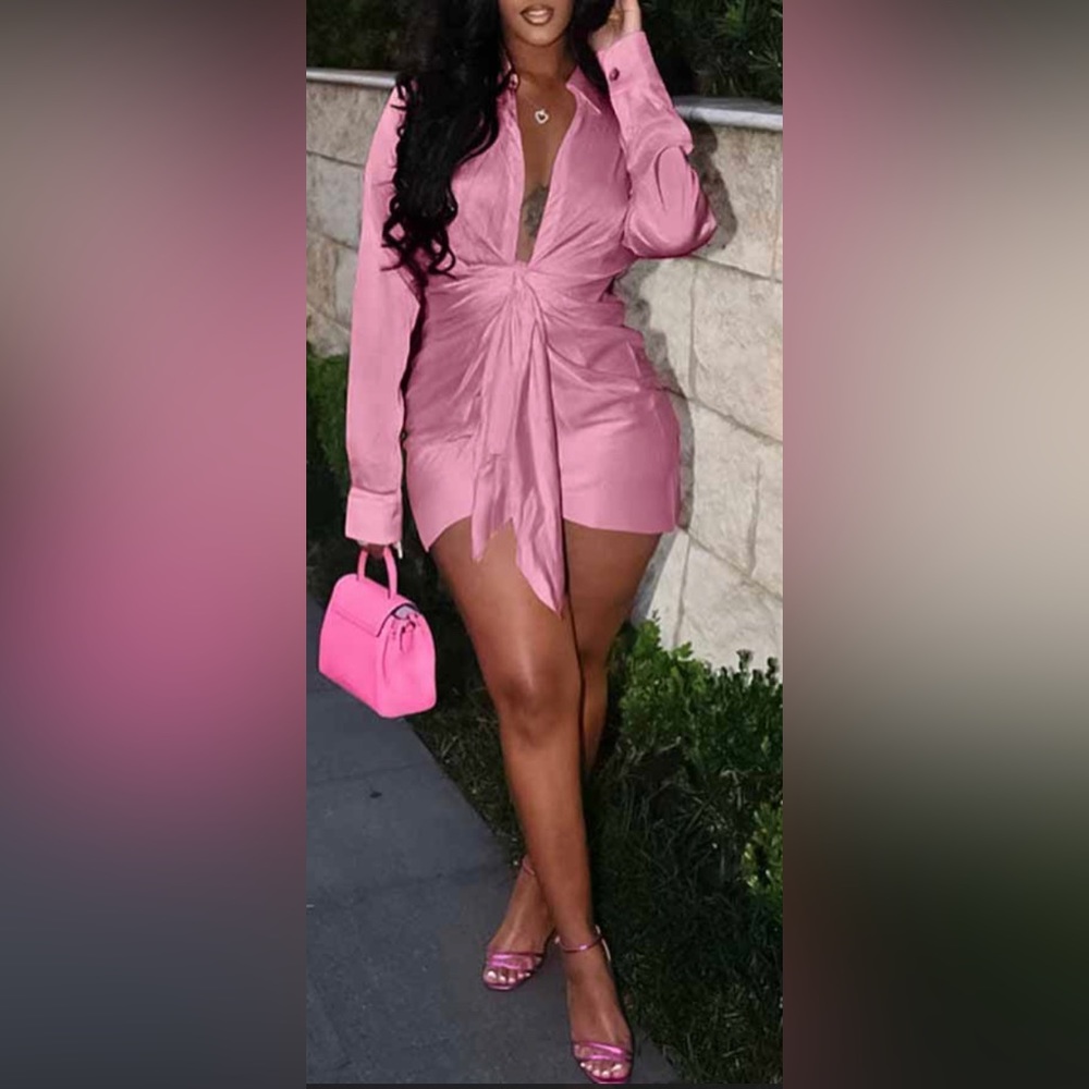 Deep V neck Satin, Long sleeve, Lace-up dress